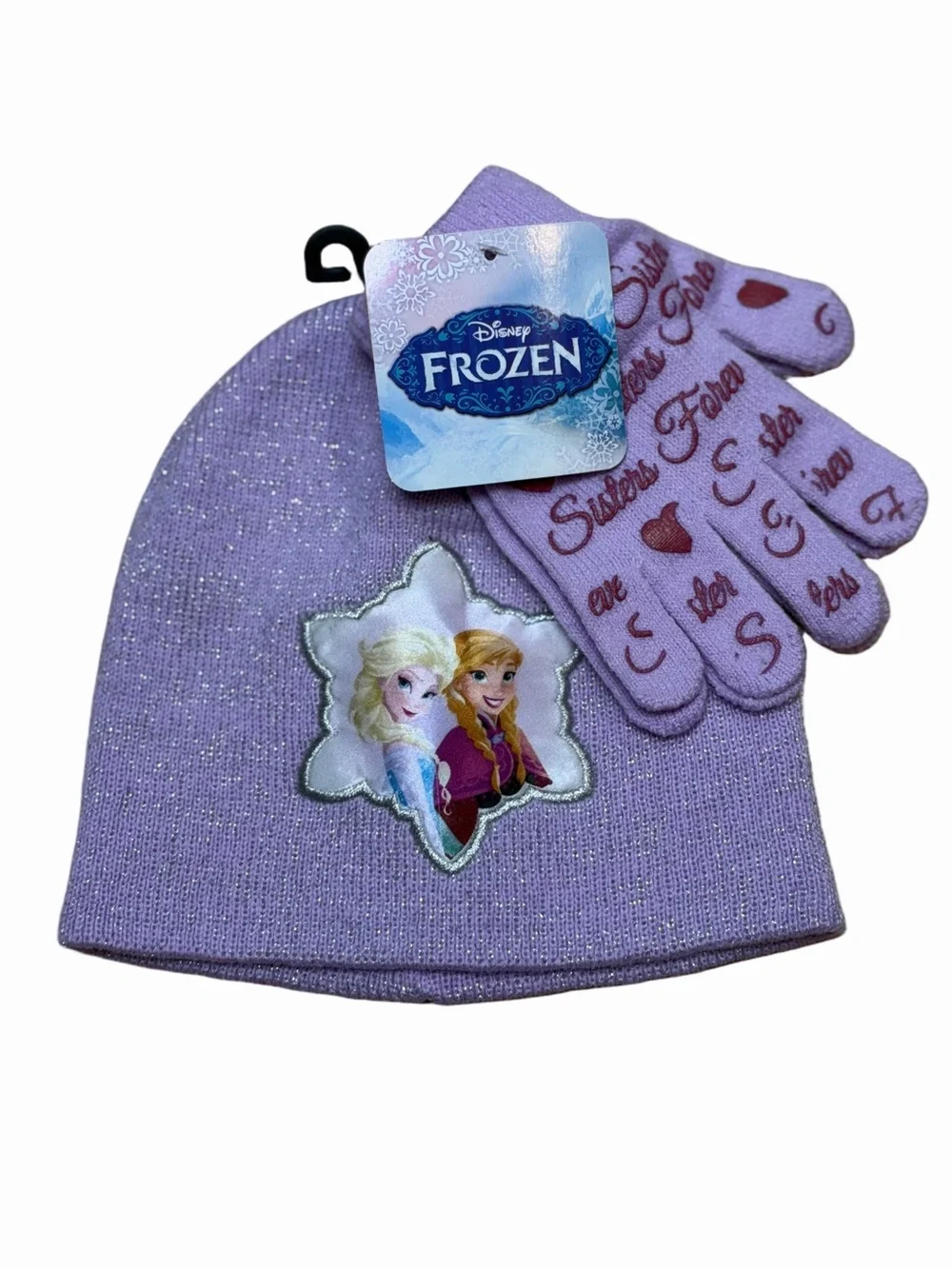 Disney Frozen Girls One Size Purple Glitter Elsa Anna Knit Beanie Gloves Set NWT